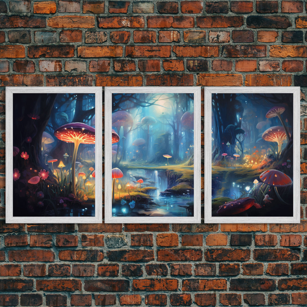 Magical dark forest art print on canvas, fantasy forest, oil style painting, large landscape wall art for home, ready to hang, 3 Piece Art