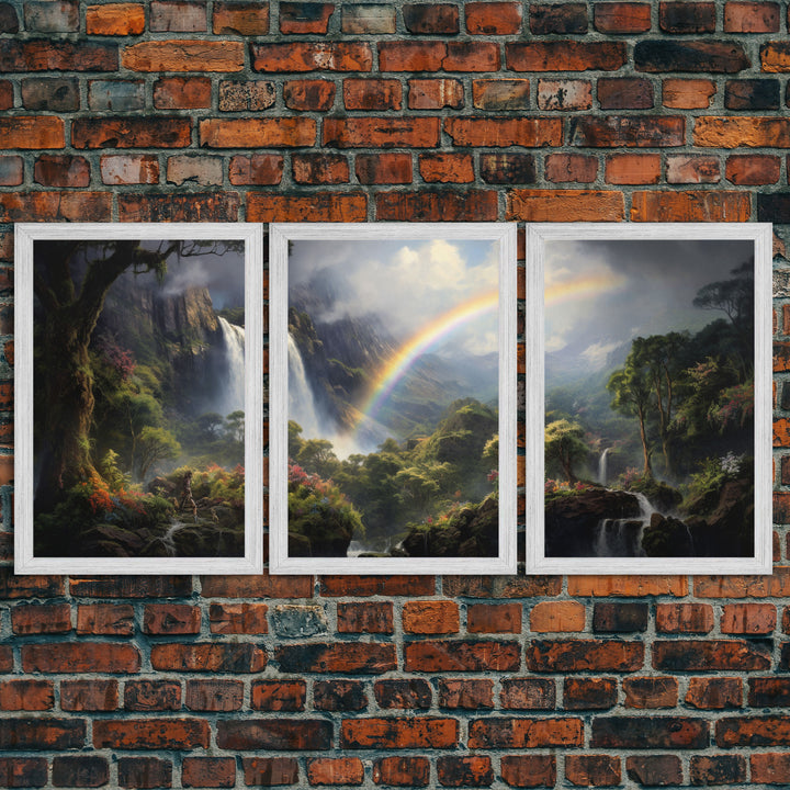 Tropical Rainbow Art, 3 Piece Framed Canvas Prints, Hawaii Art, Hawaiian Waterfall Painting, Original Landscape Painting, Maui Art