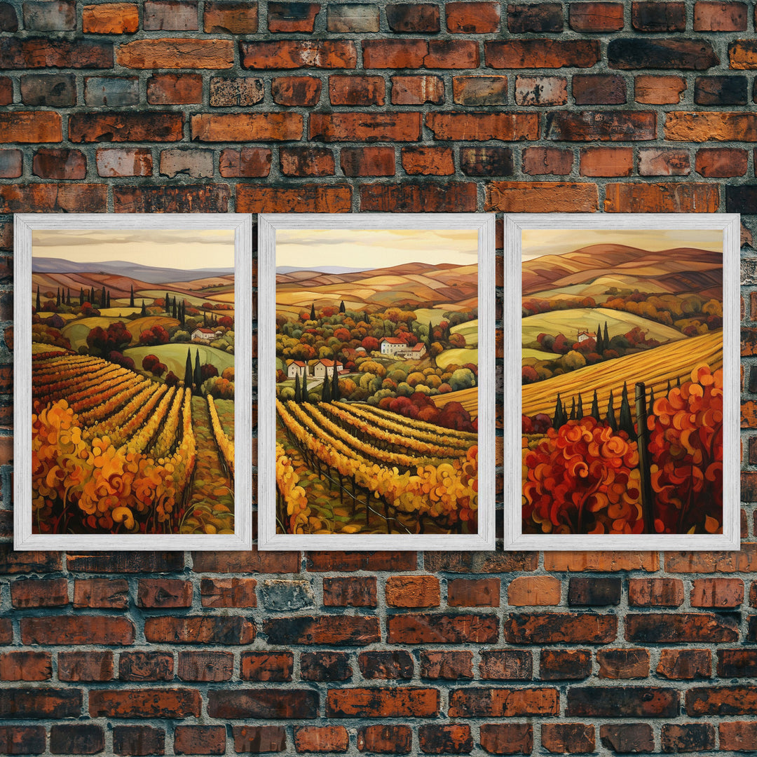 Italian Vineyard Framed Canvas Prints, Minimalist Fall Decor, Fall Centerpiece Art, Autumn Centerpiece, 3 Piece Art, Large Wall Art