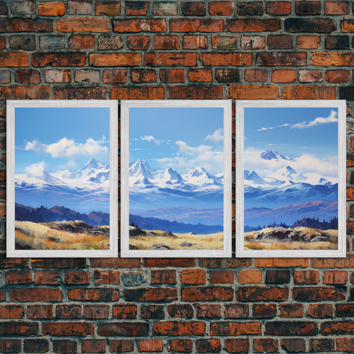 Framed Rocky Mountains 3 Piece Canvas Prints, Rockies Painting, Mountain Landscape Oil Painting, Large Wall Art, Centerpiece Art