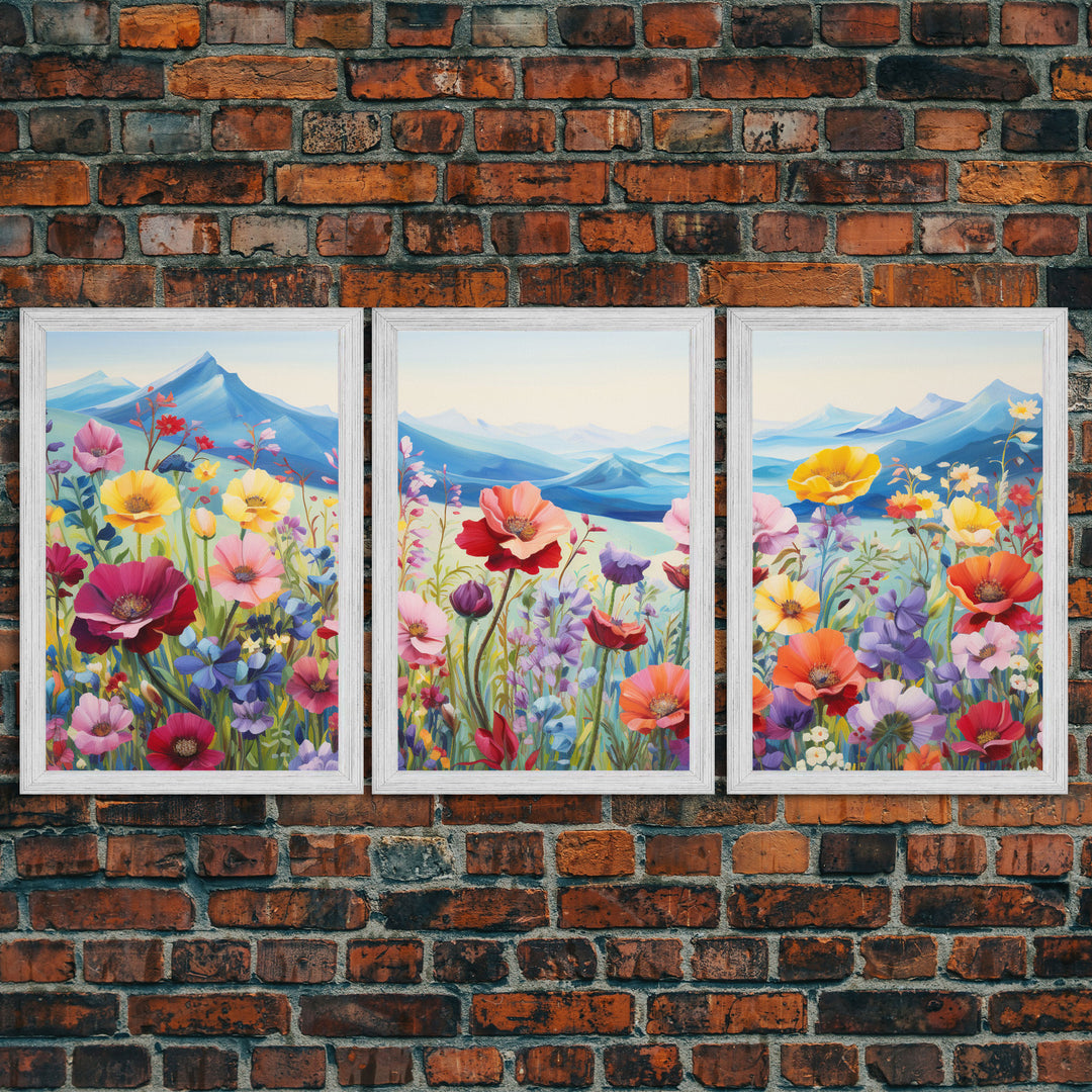 Wildflower Meadow, Wildflower Wall Art, Floral Print, Canvas Print, Set Of 3 Prints, Wall Art, 3 Piece Wall Art, Country Home Decor