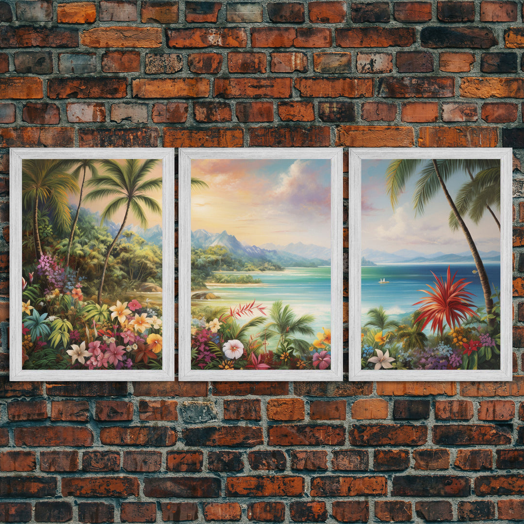 Tropical Wall Art, Beach Print, Palm Tree Wall Art, Canvas Print, Set Of 3 Prints, Wall Art, 3 Piece Wall Art, Seascape, Hawaii Wall Art