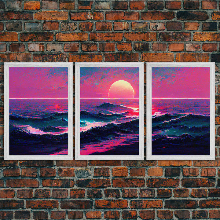 Outrun Style Synthwave Sunset Ocean Waves, 3 Piece Wall Art, Ready To Hang Canvas Print, Cool Unique Lakehouse Wall Art Decor