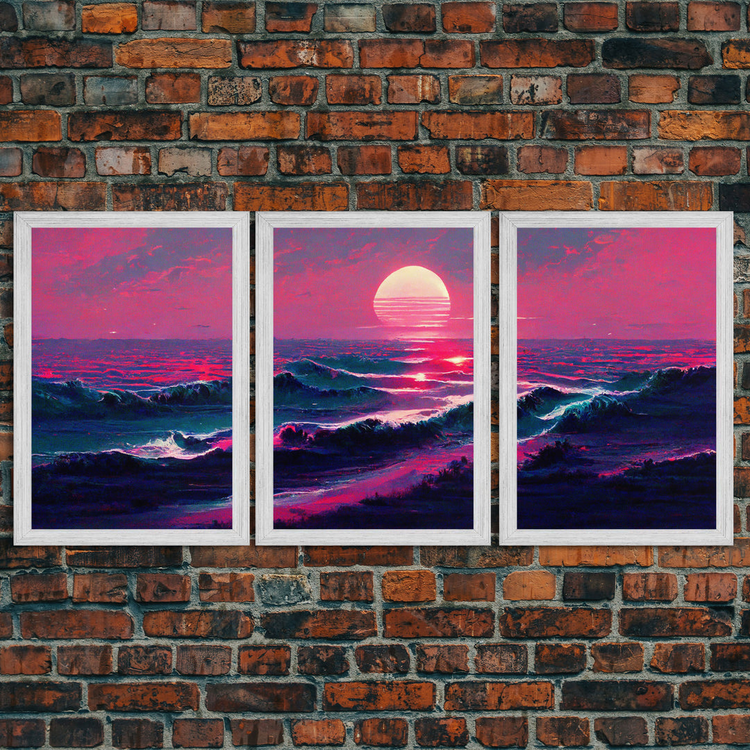 Outrun Style Synthwave Sunset Ocean Waves, 3 Piece Wall Art, Ready To Hang Canvas Print, Cool Unique Lakehouse Wall Art Decor