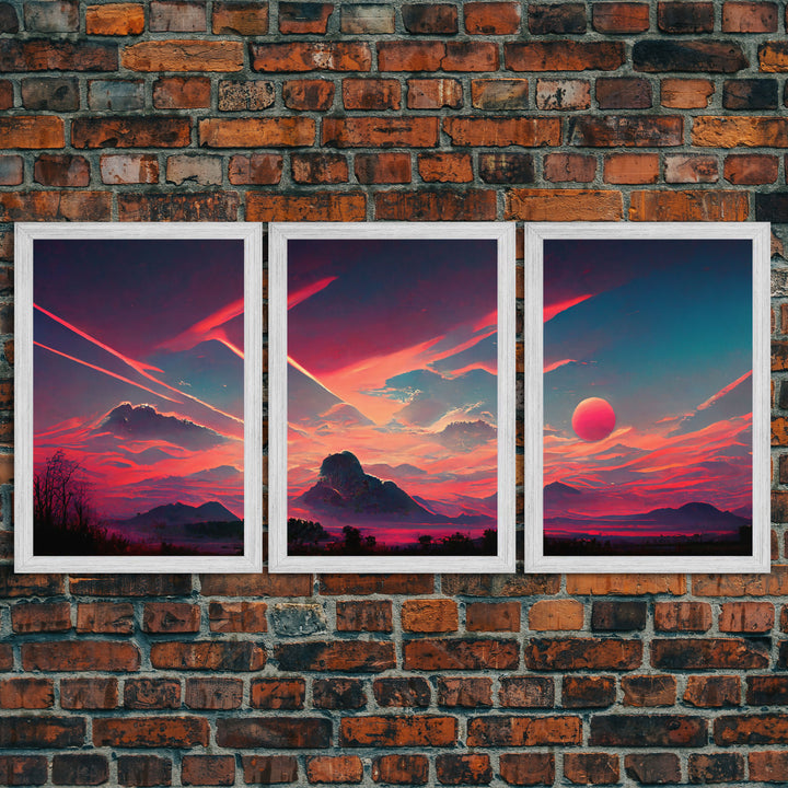 Outrun Style Sunset Over The Mountains, 3 Piece Wall Art, Ready To Hang Canvas Print, Cool Unique Living Room Wall Art Decor