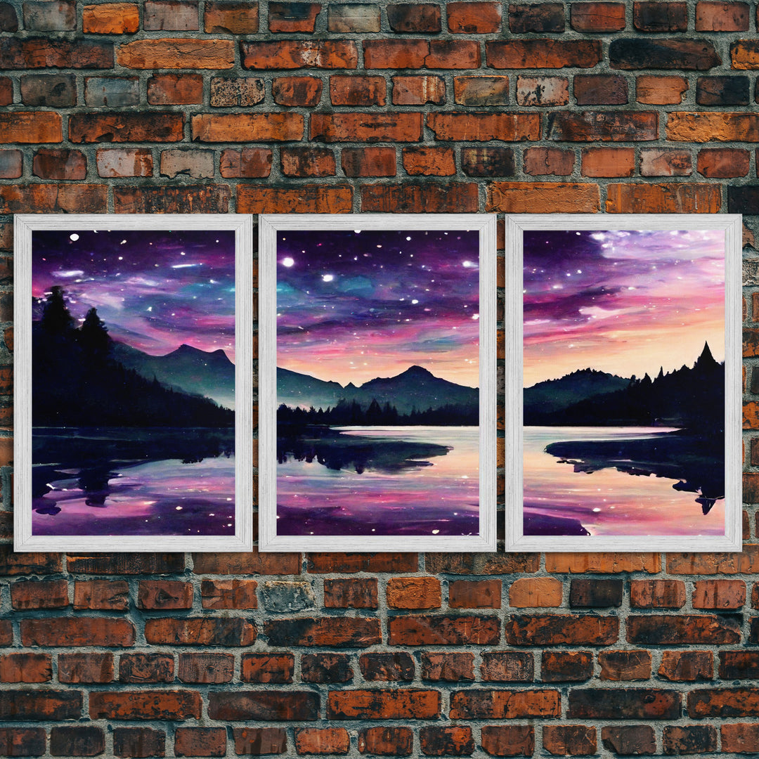 Fantasy Starry Night Magical Forest Landscape, 3 Piece Wall Art, Ready To Hang Canvas Print, Cool Unique Living Room Wall Art Decor