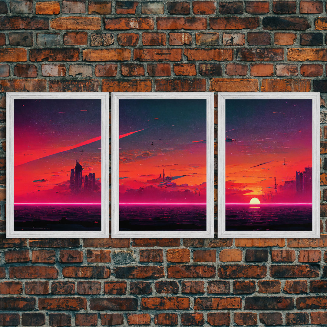 Cyber punk City At Sunset, Outrun, 3 Piece Wall Art, Ready To Hang Canvas Print, Cool Unique Mancave wall Art Decor