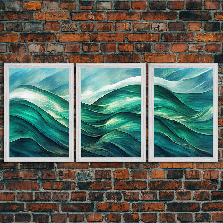 Emerald Green Wall Decor, Sea Green Ocean Waves Abstract, 3 Piece Canvas Decor, 3 Piece Wall Art, Ready To Hang Canvas Prints