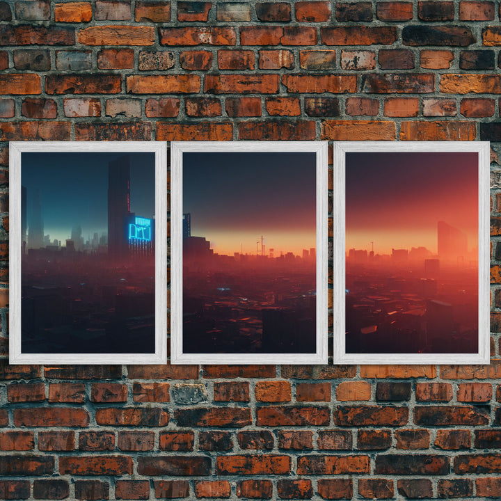 Cyberpunk Cityscape, Cyberpunk Concept Art at Sunset, Cool mancave art, 3 Piece Canvas Decor, 3 Piece Wall Art, Ready To Hang Canvas Prints