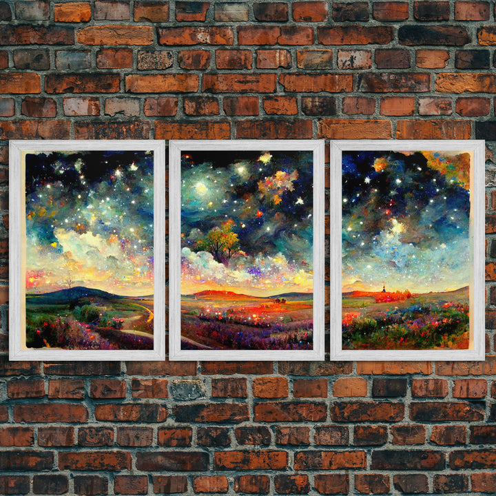 Night Starry Sky Landscape Colorful Night Sky Nature Living Room Wall Art Spiritual Starry, 3 Piece Wall Art, Ready To Hang Canvas Print