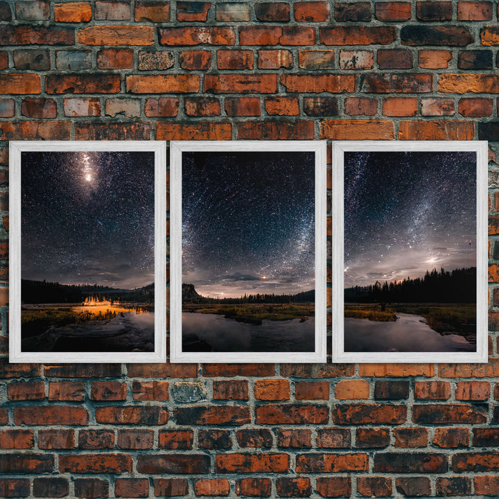 Starry Night Sky Over Montana, travel photography art, 3 Piece Wall Art, Ready To Hang Canvas Print