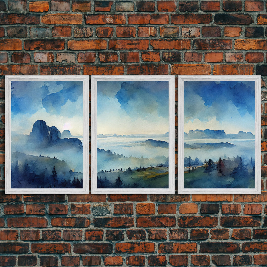 Sapphire Blue Watercolor Landscape, 3 Piece Wall Art, Ready To Hang Canvas Print, Beautiful Living Room Wall Art Decor