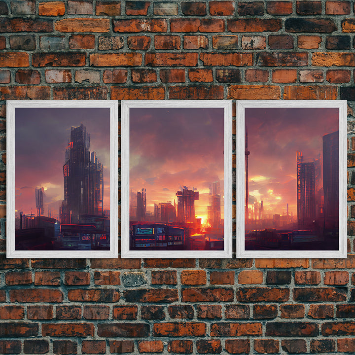 Cyberpunk City, Night City Watercolor, Videogame Concept Art, Watercolor Of a Cyberpunk City 3 Piece Wall Art, Ready To Hang Canvas Print