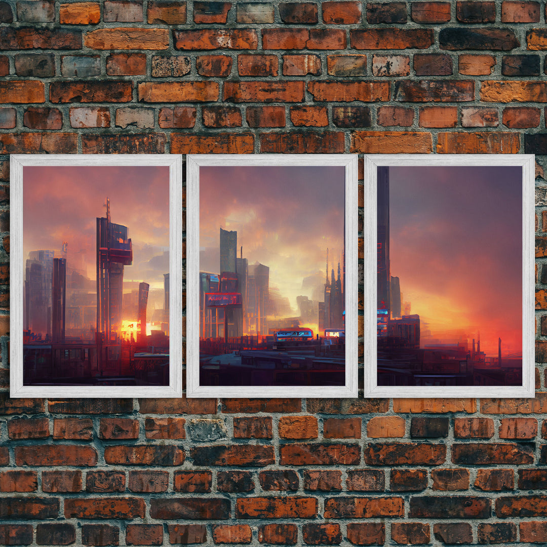 Cyberpunk City, Night City Watercolor, Videogame Concept Art, Watercolor Of a Cyberpunk City 3 Piece Wall Art, Ready To Hang Canvas Print