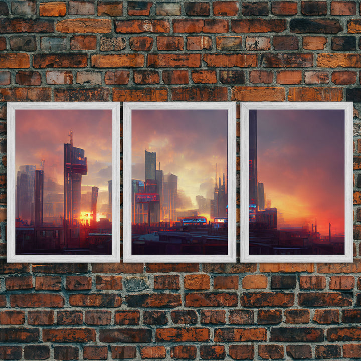 Cyberpunk City, Night City Watercolor, Videogame Concept Art, Watercolor Of a Cyberpunk City 3 Piece Wall Art, Ready To Hang Canvas Print