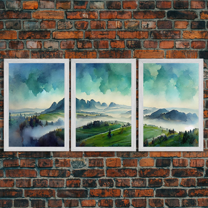 Emerald Green Landscape Watercolor, Panoramic Art, Cool Wall Decor, 3 Piece Wall Art, Ready To Hang Canvas Print