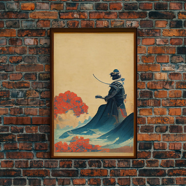 Samurai and Japanese Maple Tree Portrait, Framed Canvas Print, Ready To Hang Framed Wall Art