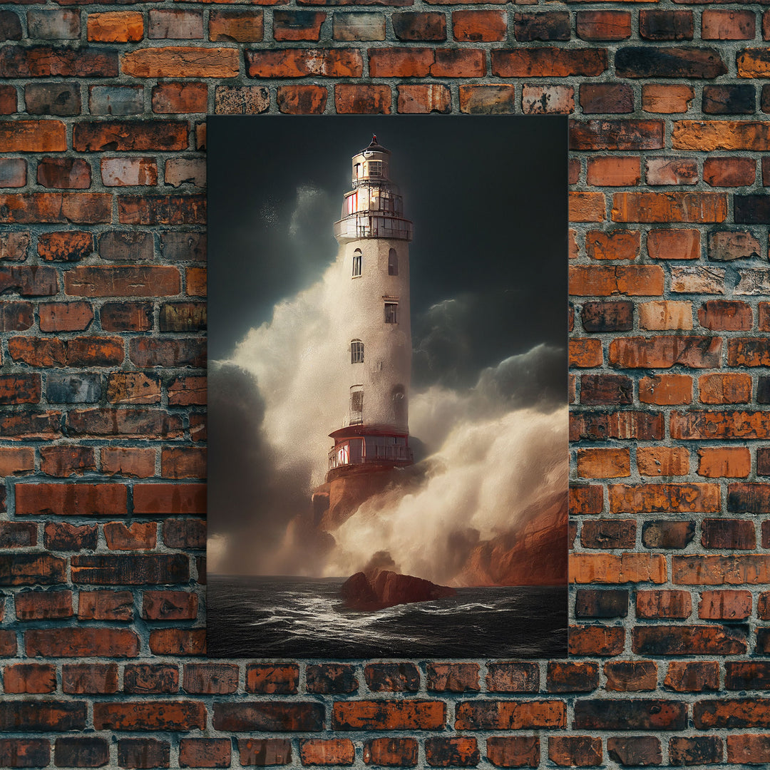 Lighthouse In A Hurricane, Storm Art, Framed Canvas Print, Ready To Hang Framed Wall Art, Living Room Wall Hanging