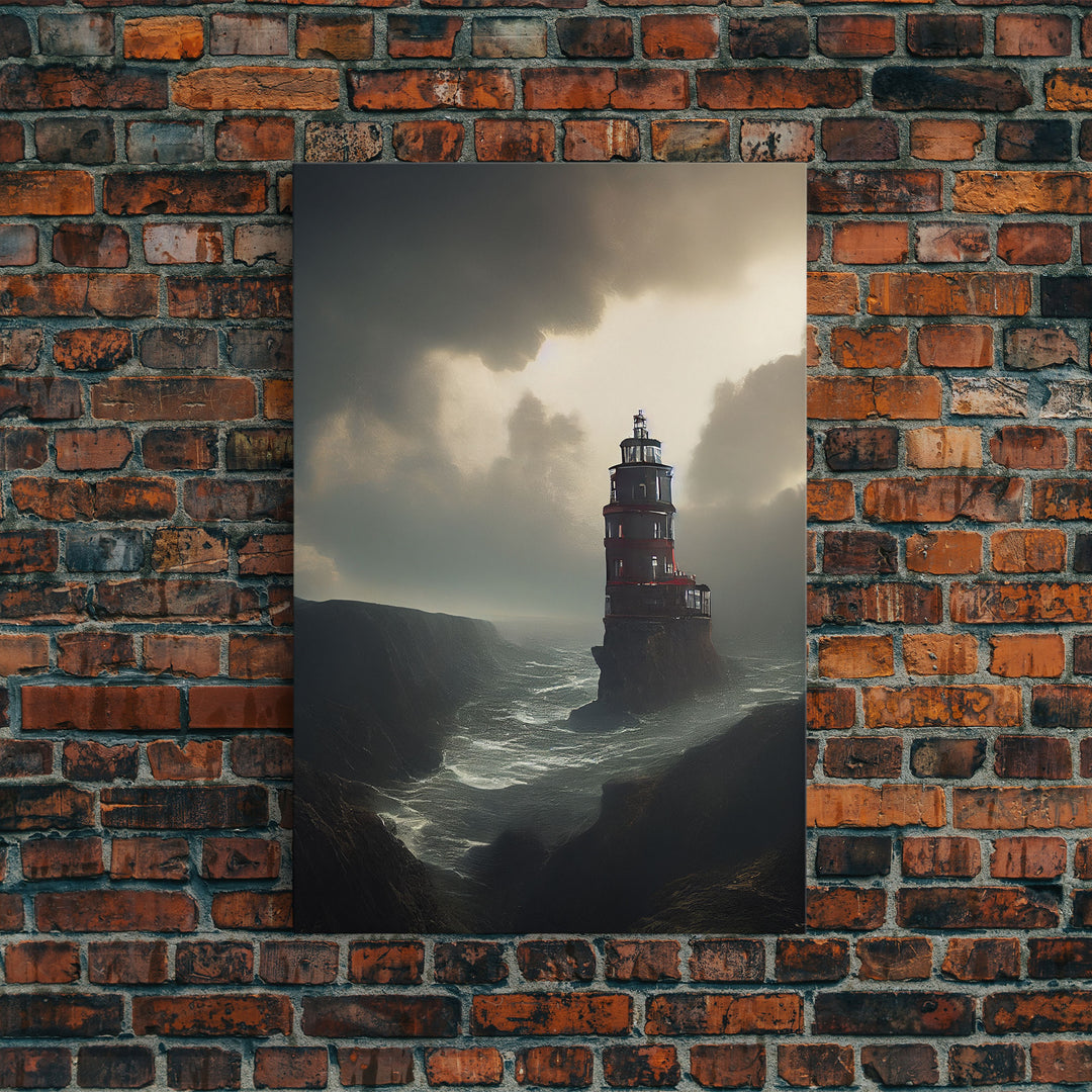 Lighthouse Protecting the Cliffs, Framed Canvas Print, Ready To Hang Framed Wall Art, Living Room Wall Hanging