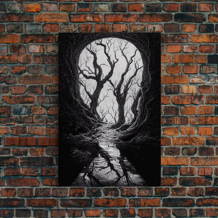 Spooky Haunted Halloween Forest, Black and White Art, Framed Canvas Print, Ready To Hang Framed Wall Art, Living Room Wall Hanging