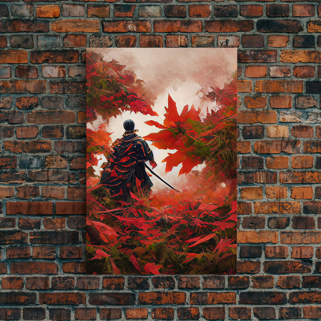 Samurai In a Japanese Maple Forest, Framed Canvas Print, Ready To Hang Framed Wall Art, Living Room Wall Hanging