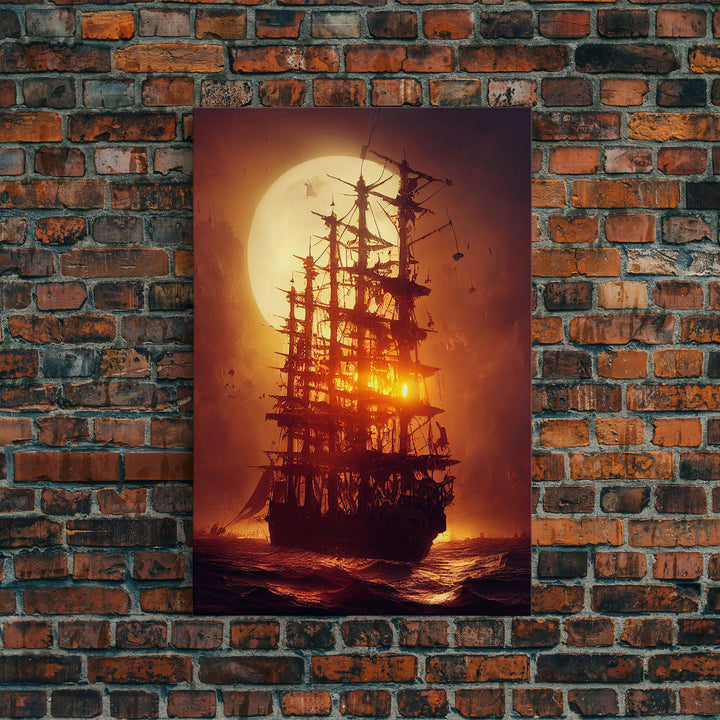 Ghost Ship and Full Moon, Spooky Pirate Ship Art, Framed Canvas Print, Ready To Hang Framed Wall Art, Living Room Wall Hanging