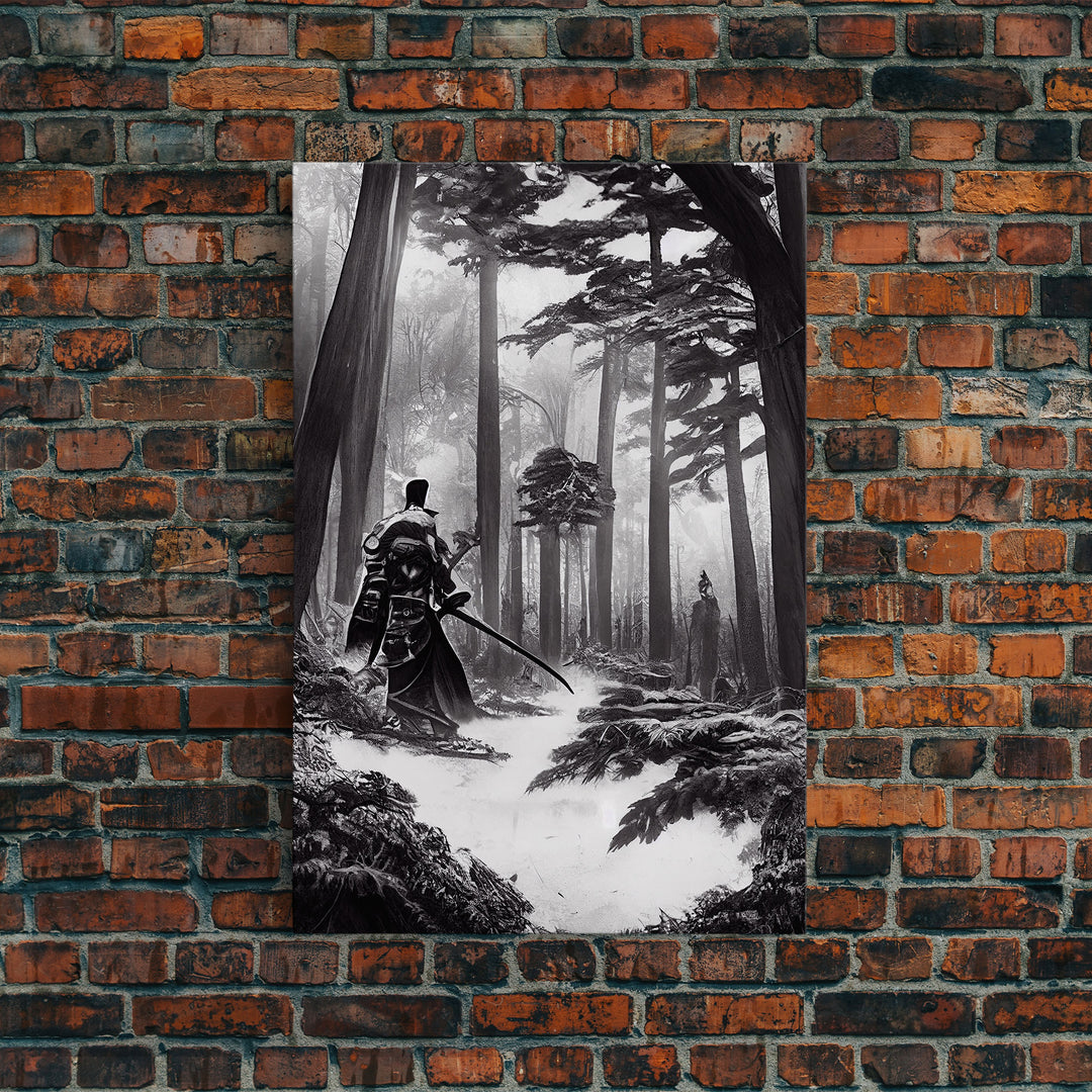 The Duel, Samurai Facing Off In The Forest, Black And White Art Framed Canvas Print, Ready To Hang Framed Wall Art, Living Room Wall Hanging