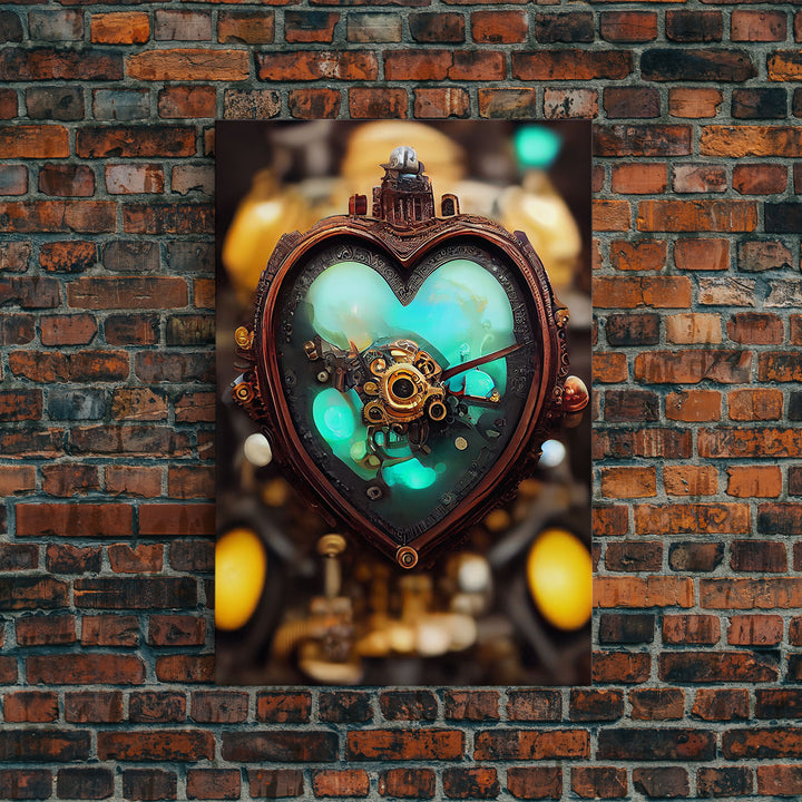 Steampunk Heart, Turquoise Crystal Heart, Framed Canvas Print, Ready To Hang Framed Wall Art, Living Room Wall Hanging