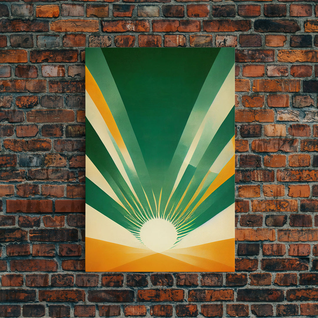 Emerald Green Sun Burst, Art Deco Style, Framed Canvas Print, Ready To Hang Framed Wall Art, Living Room Wall Hanging