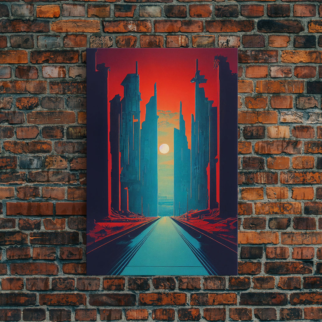 Brutalist Art Deco Dystopian City Art, Framed Canvas Print, Ready To Hang Framed Wall Art, Living Room Wall Decor