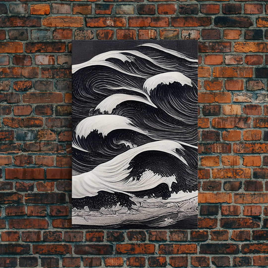 Black and White Tidal Waves, Japanese Style Art, Framed Canvas Print, Ready To Hang Framed Wall Art, Living Room Wall Decor