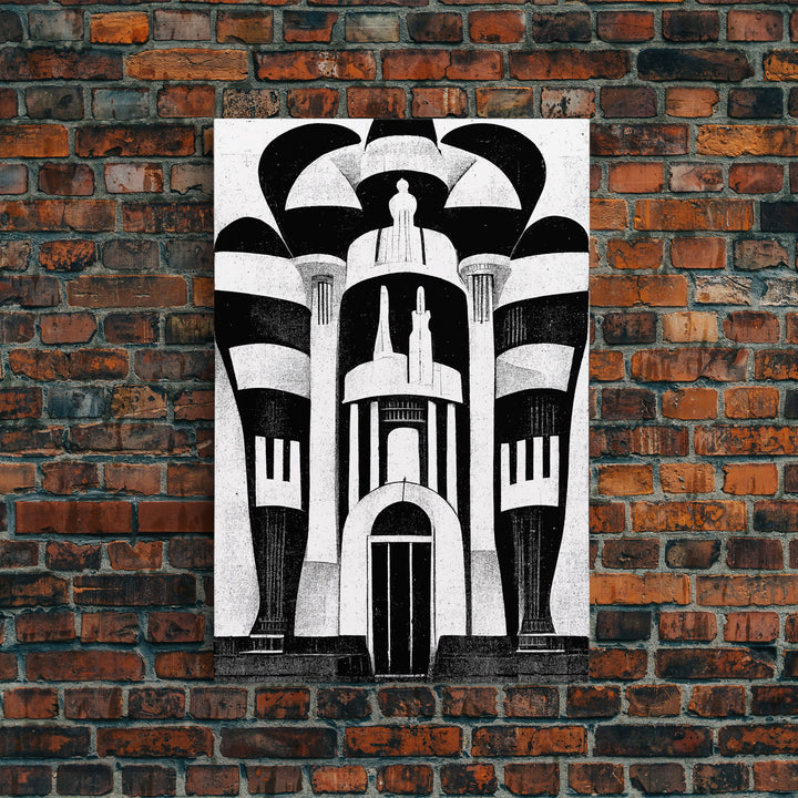 Vintage Style Art Deco Architecture Study, Framed Canvas Print, Retro Style Wall Art