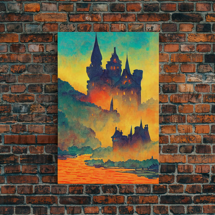 Watercolor Painting of A Transylvania Castle, Framed Canvas Print, Ready To Hang Framed Wall Art, Living Room Wall Hanging