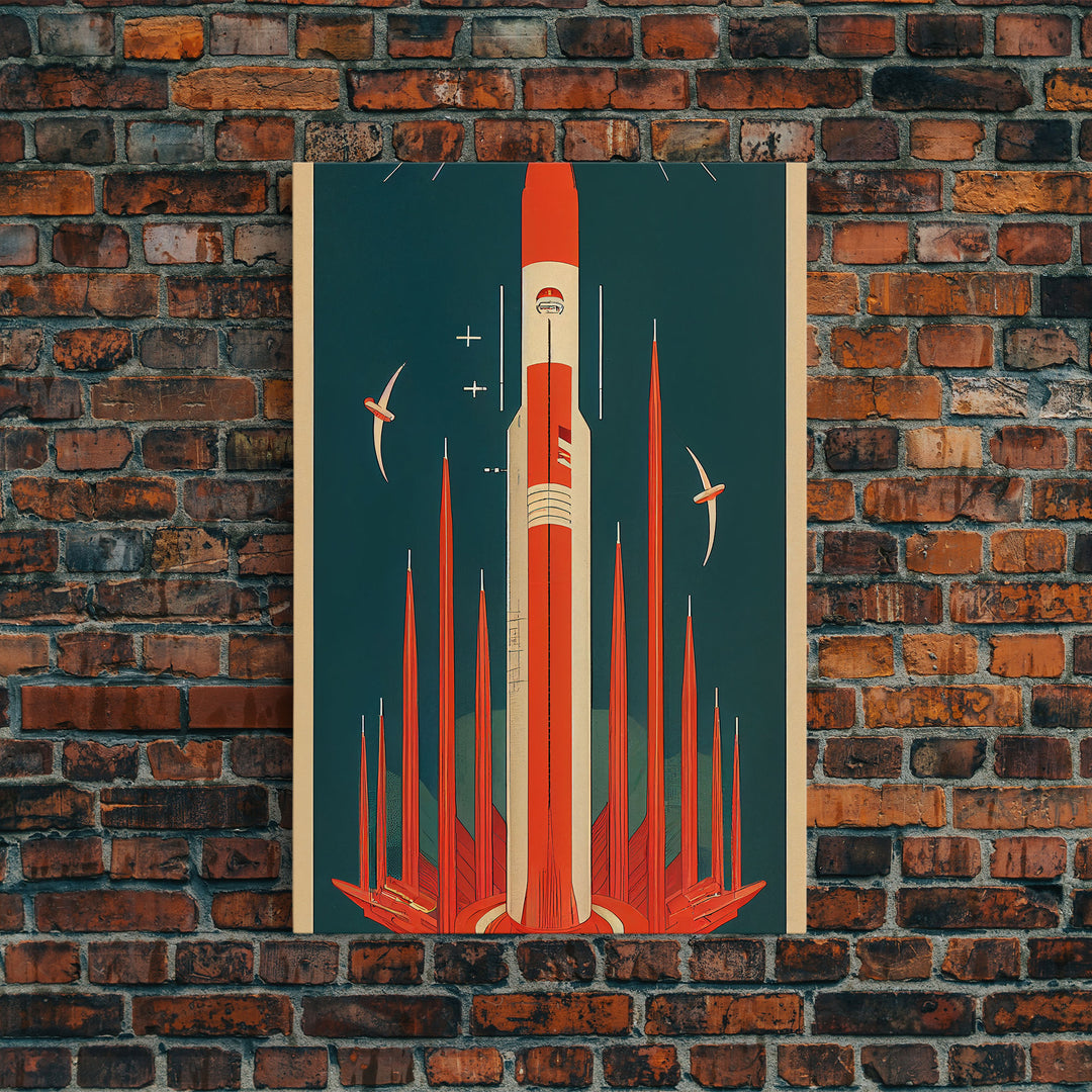 Art Deco Space Travel Poster Art, Framed Canvas Print, Ready To Hang Framed Wall Art, Living Room Wall Hanging