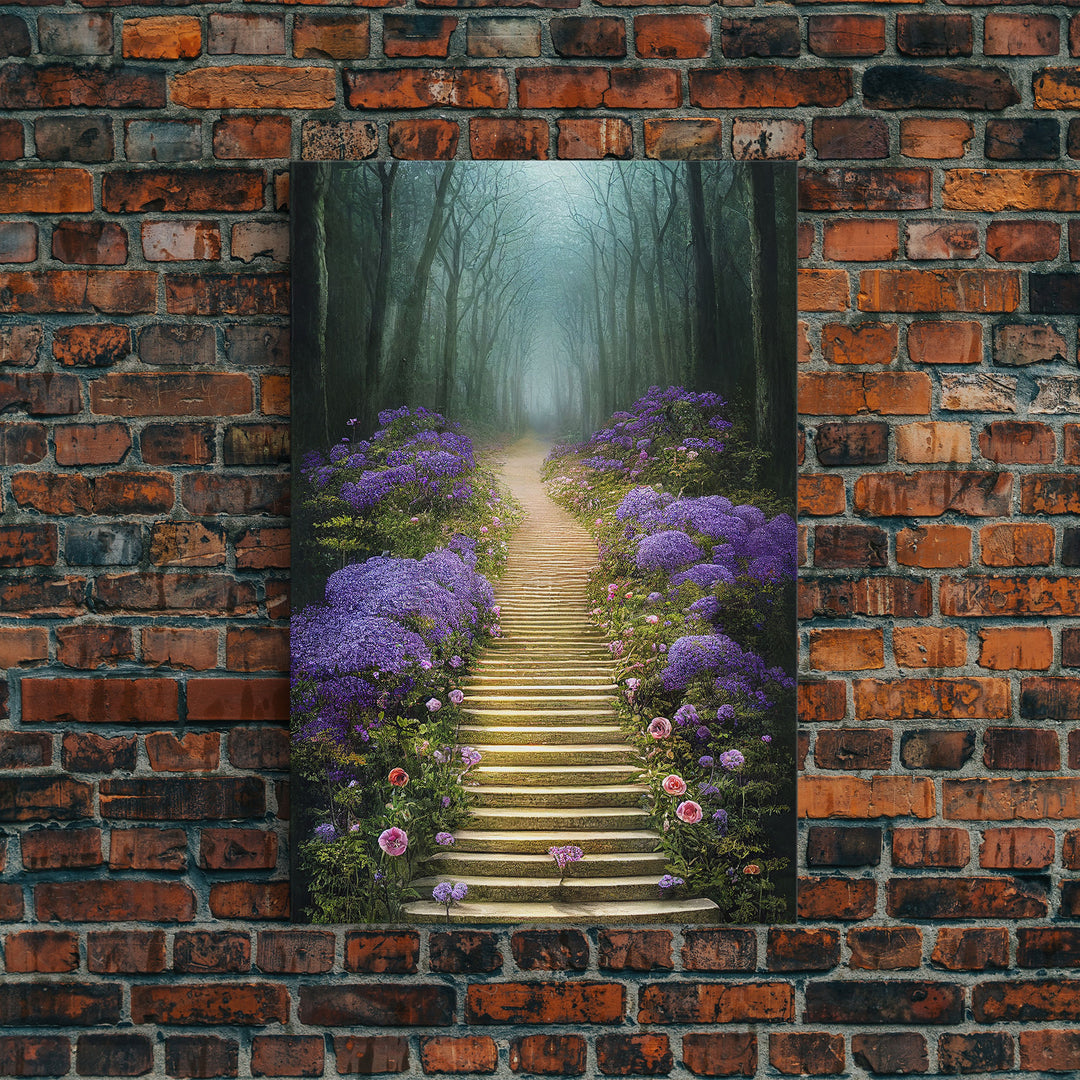 Lavender Lined Stairs Leading To The Haunted Forest, Fantasy Wall Art, framed canvas print, framed art