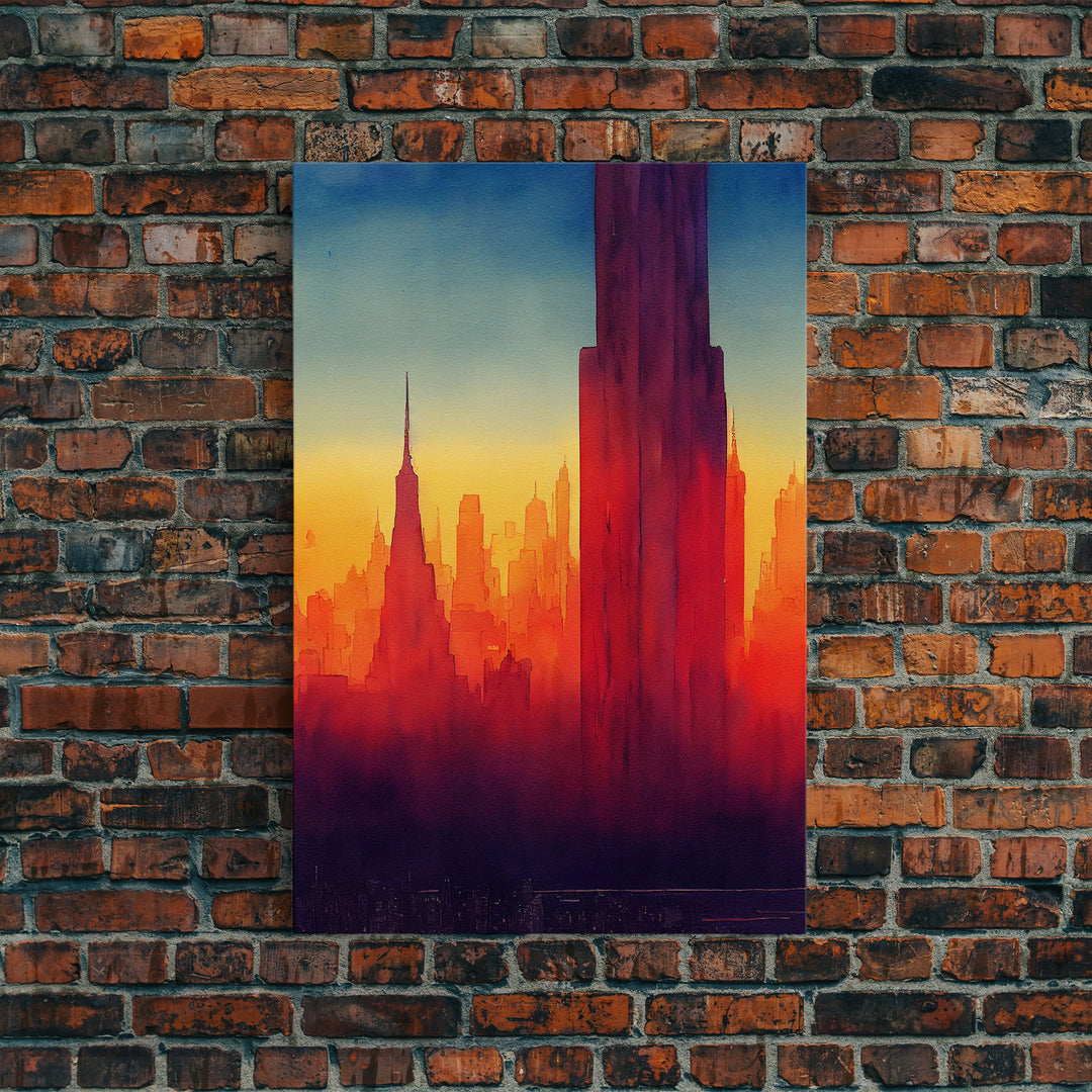 Chicago at sunset concept art, synthwave style, framed canvas print, ready to hang wall art with frame