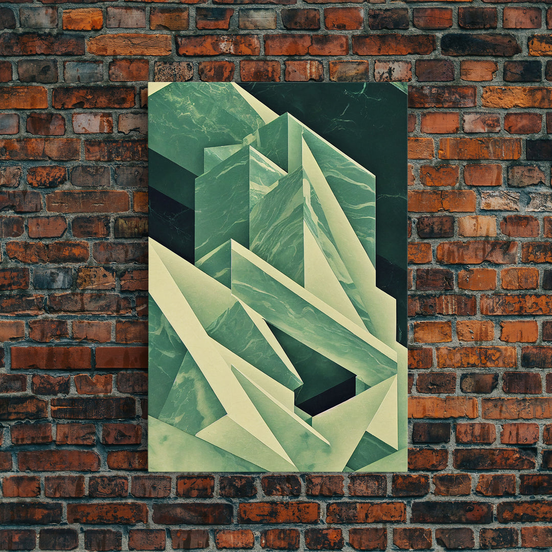 Cubism abstract geometric painting print, green marble shapes, framed canvas print