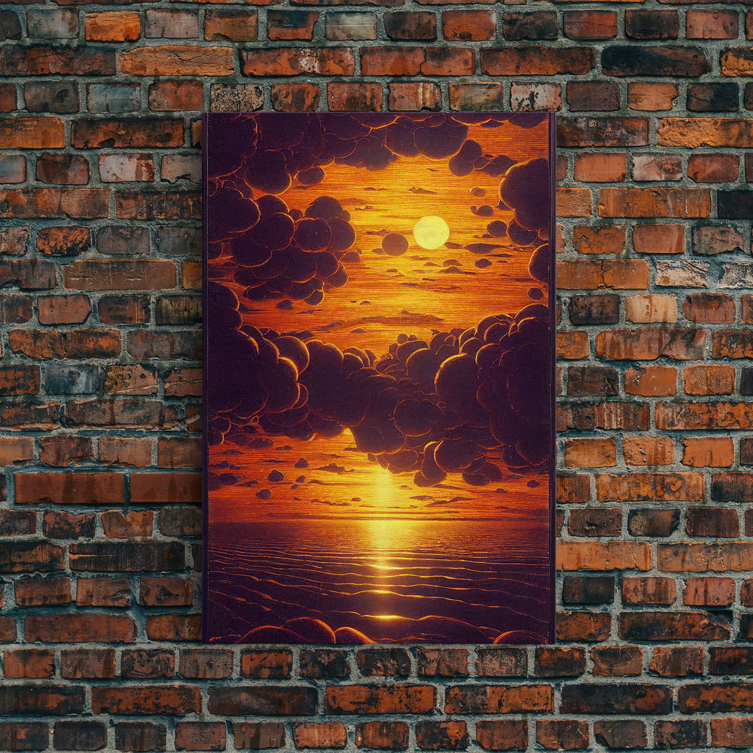 Orange Sunset, Psychedelic Sepia Sunset Art, Framed Canvas Print, Ready To Hang Framed Wall Art