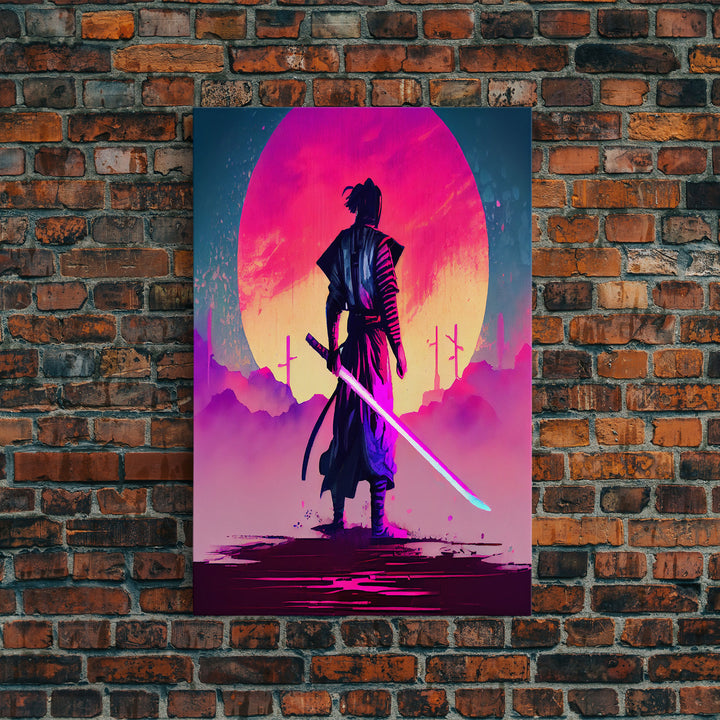 Synthwave Samurai, Cyberpunk Samurai Art, Framed Canvas Print, Ready To Hang Framed Wall Art