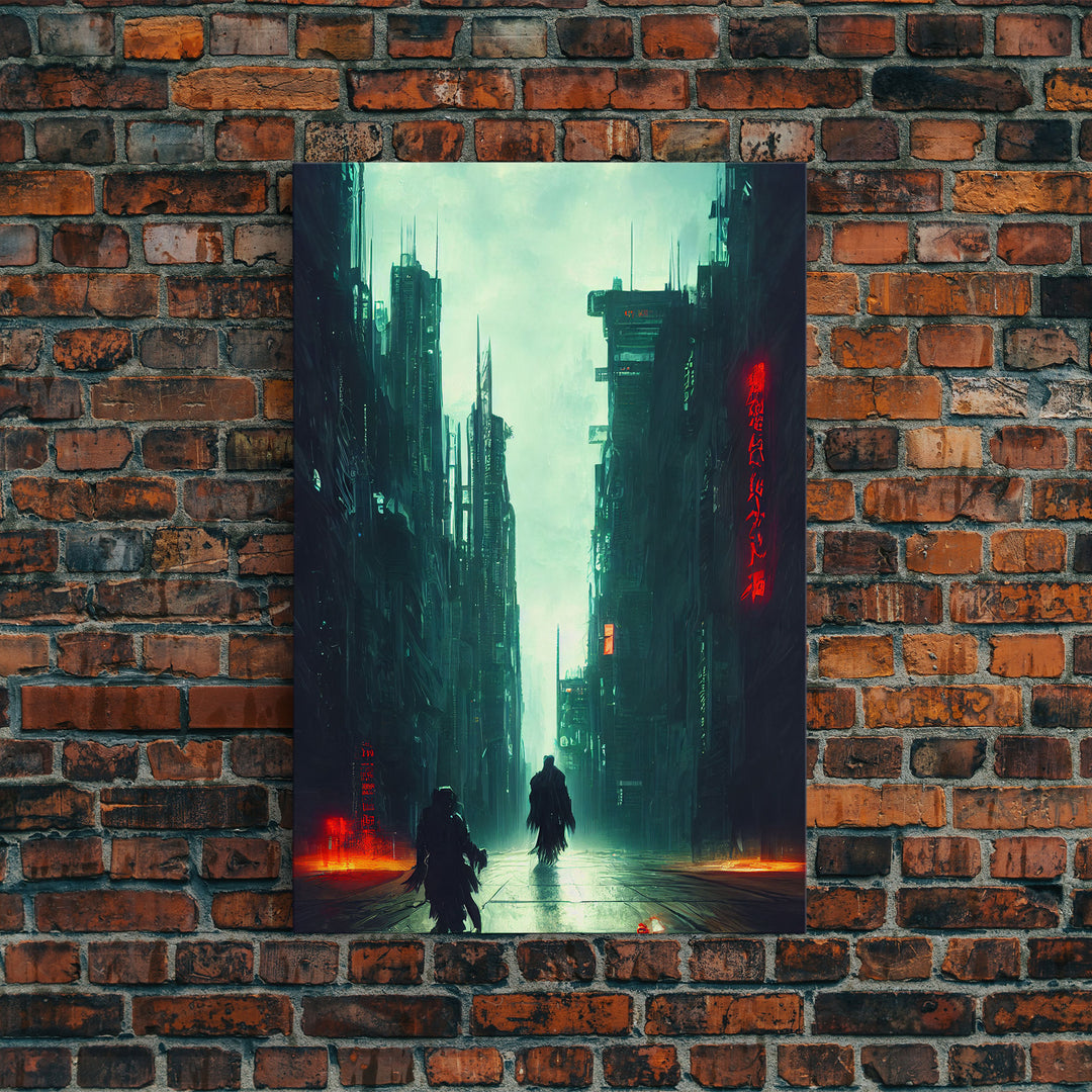 Cyberpunk Demon Art, Demon in the streets of Tokyo, Framed Canvas Print, Ready To Hang Framed Wall Art