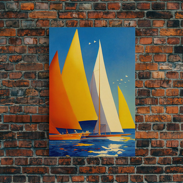 Golden Art Deco Sailboats in the Sun, Lakehouse Decor, Framed Canvas Print, Ready To Hang Framed Wall Art, Living Room Decor