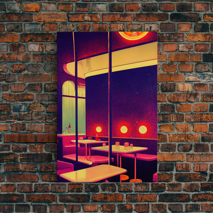 Retro 50s style diner art, vintage style, outrun style art, Framed Canvas Print, Ready To Hang Framed Wall Art, Living Room Wall Hanging