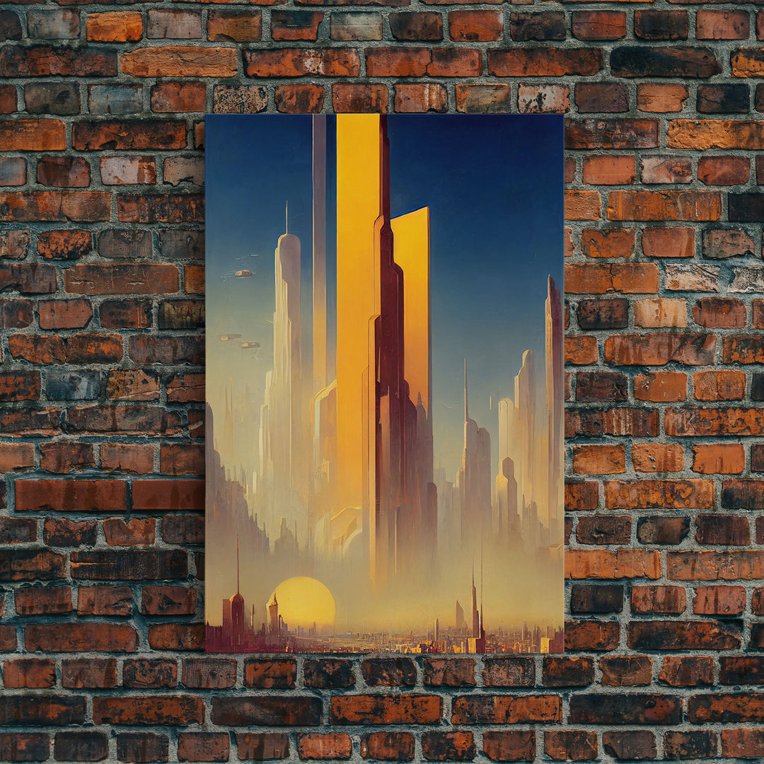 Huge Cyberpunk Desert Metropolis, Video game concept art, Framed Canvas Print, Ready To Hang Framed Wall Art, Living Room Decor