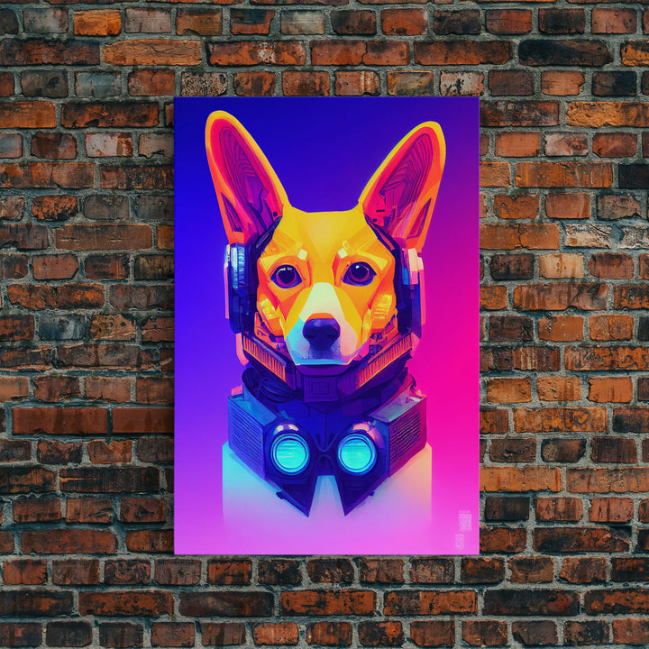 Cyberpunk Corgi Portrait, Futuristic Corgi, Framed Canvas Print, Ready To Hang Framed Wall Art, Living Room Wall Hanging