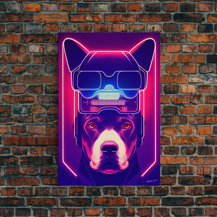 Cyberpunk Pitbull Portrait, Futuristic Dog Portrait, Framed Canvas Print, Ready To Hang Framed Wall Art, Living Room Wall Hanging