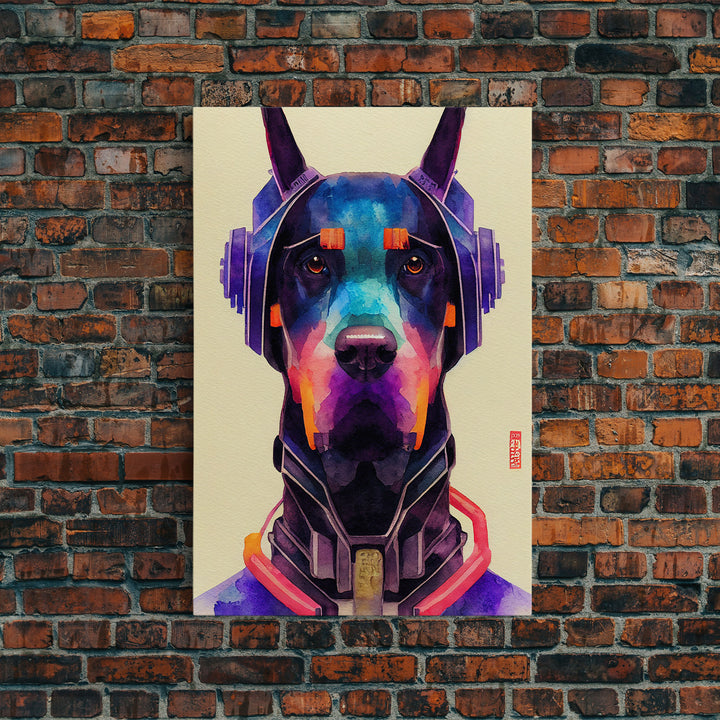 Cyberpunk Dobermann Pinscher Portrait, Watercolor, Framed Canvas Print, Ready To Hang Framed Wall Art, Living Room Wall Hanging