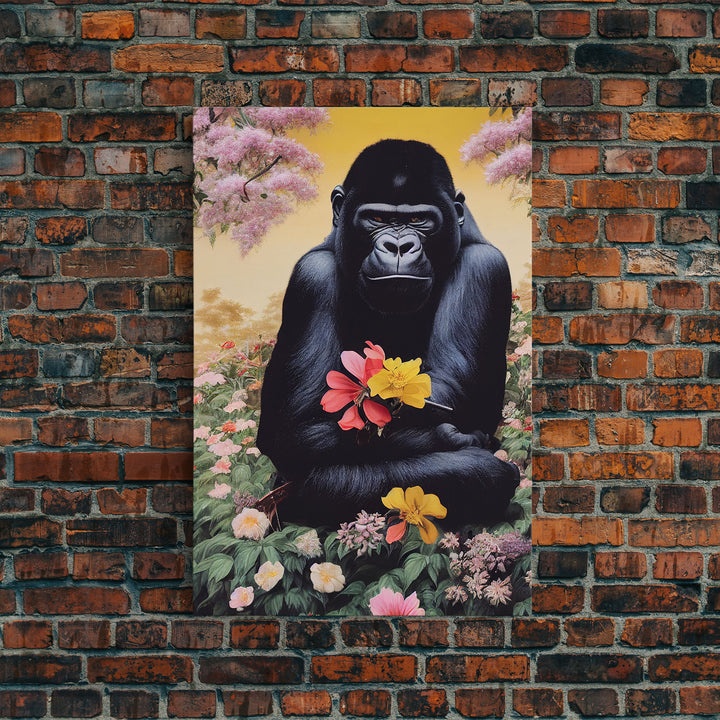 Portrait of a happy gorilla holding flowers, Framed Canvas Print, Ready To Hang Framed Wall Art