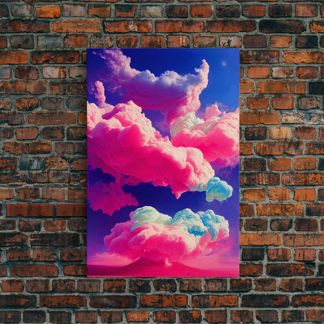 Bubble Gum Clouds, Trippy Psychedelic Surrealist Cloud Art, Framed Canvas Print, Ready To Hang Framed Wall Art