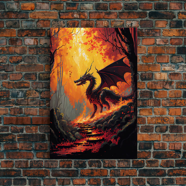 Dragon standing in a burned forest, fantasy art, fine art poster print