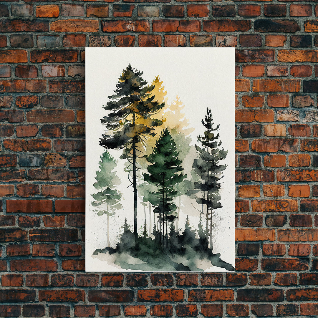 Watercolor pine tree forest, framed canvas print, cool wall art